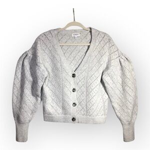 Evereve Pointelle Coquette Puff Sleeve Knit Light Gray Cardigan Size Medium
